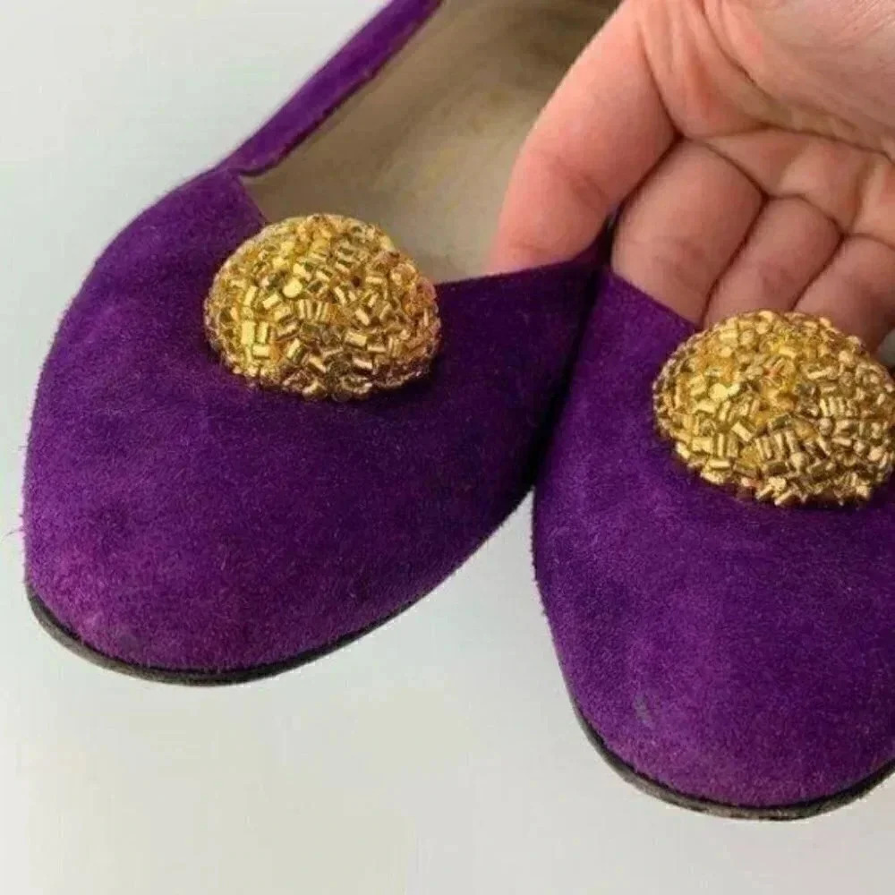 Bruno Magli heels 9 AA purple suede Italy gold - Picture 7 of 8